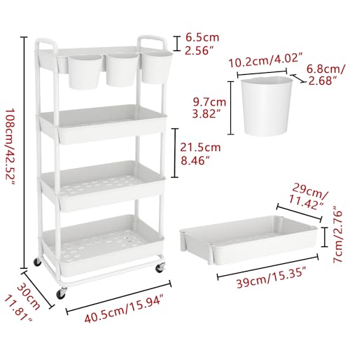 4-Tier Plastic Rolling Storage Cart Utility Cart White | Utility Cart with Extra Hanging Cups Arc-Shaped Handles Lockable Wheels for Living Room Bathroom Kitchen Office