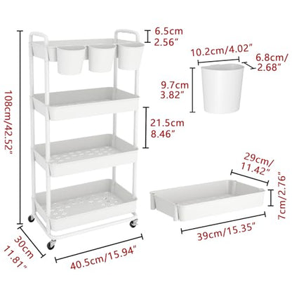 4-Tier Plastic Rolling Storage Cart Utility Cart White | Utility Cart with Extra Hanging Cups Arc-Shaped Handles Lockable Wheels for Living Room Bathroom Kitchen Office