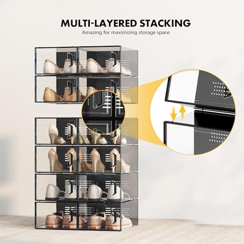 X-Large Shoe Storage Box Fit Size 11, Clear Plastic Stackable Shoe Organizer for Closet, Space Saving Sneaker Shoe Rack Containers Bins Holders for Entryway, Under Bed, 12 Pack Black
