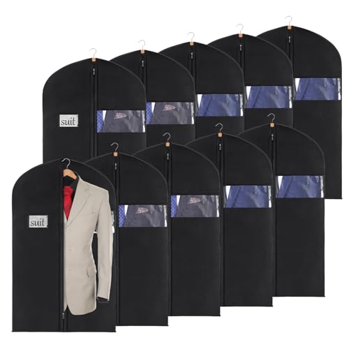 KEEGH 40 inch Suit Cover Bags for Men, Black Garment Bags (Set of 10) | Clear Window, Label Pocket, Garment Bags for Hanging Clothes, Suit Bags for Closet Storage, Clothes Cover for Travel