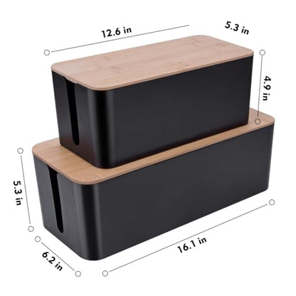 2 Pack Large Cable Management Box – Wooden Style Cord Organizer Box and Cover for TV Wires, Computer, Router, USB Hub and Under Desk Power Strip – Safe ABS Material and Baby-Pets Proof Lock (Black)