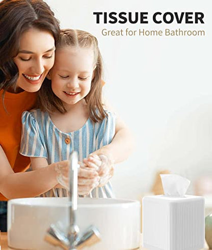 Tissue Box Cover with Base, Square Plastic Tissue Box Holder Decorative Tissue Cover Modern Cube Facial Tissue Dispenser for Bathroom Vanity Countertop, Living Room, Bedroom, Office - White
