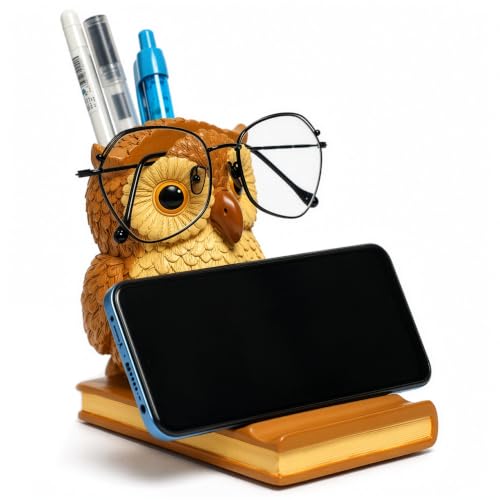 Owly Mate Owl Eyeglass Holder for Nightstand and Desk, Cute Glasses Holder with Phone Stand and Pen Holder, 3-in-1 Desk Organizer for Glasses, Phone & Pens - Gift for Owl Lovers