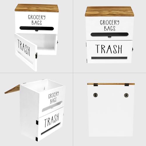 2 in 1 Trash Bag Dispenser, Double Wall Mounted,Wood Trash Bag Holder, used in kitchen, garage, laundry room, can store Environmentally friendly food bags and garbage bags (White)