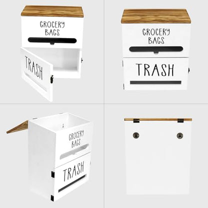 2 in 1 Trash Bag Dispenser, Double Wall Mounted,Wood Trash Bag Holder, used in kitchen, garage, laundry room, can store Environmentally friendly food bags and garbage bags (White)