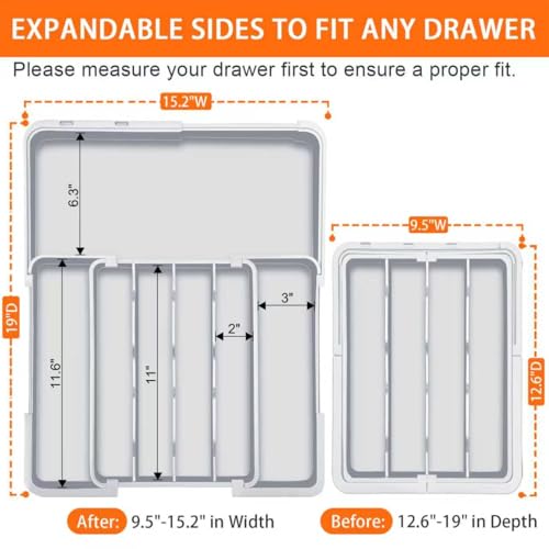 Silverware Drawer Organizer Tray, Adjustable Cutle... (Grey | Polypropylene)