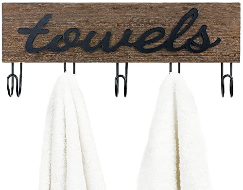 Mkono Wall Mounted Towel Rack, 5 Hooks Rustic Wood Bathroom Towel Hanger | Farmhouse Decor, Space Saving, Decorative Letter Design, Easy Install, Sturdy, Hang Bathrobe clothes, Shower Accessories