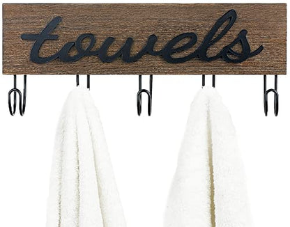 Mkono Wall Mounted Towel Rack, 5 Hooks Rustic Wood Bathroom Towel Hanger | Farmhouse Decor, Space Saving, Decorative Letter Design, Easy Install, Sturdy, Hang Bathrobe clothes, Shower Accessories