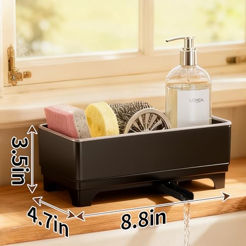 Sponge Holder for Kitchen Sink, Rustproof Stainless Steel Black | Large Capacity/360° Rotating Drain Keeps Counter Dry/Holds Sponges & Soap Bottle/Easy-Clean Removable Tray