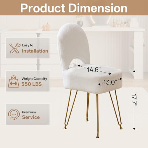 White Vanity Chair with Storage, Folding Back Faux Fur Vanity Stool, Makeup Ottoman with Gold Legs for Bedroom/Bathroom