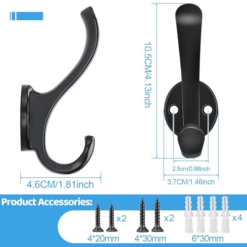 6 Pack Coat Hooks Wall Mount Heavy Duty Utility Retro Double Hooks for Hanging Coats,Hat, Towel, Key, Robe, Scarf, Bag, Cap (Black)