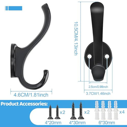 6 Pack Coat Hooks Wall Mount Heavy Duty Utility Retro Double Hooks for Hanging Coats,Hat, Towel, Key, Robe, Scarf, Bag, Cap (Black)