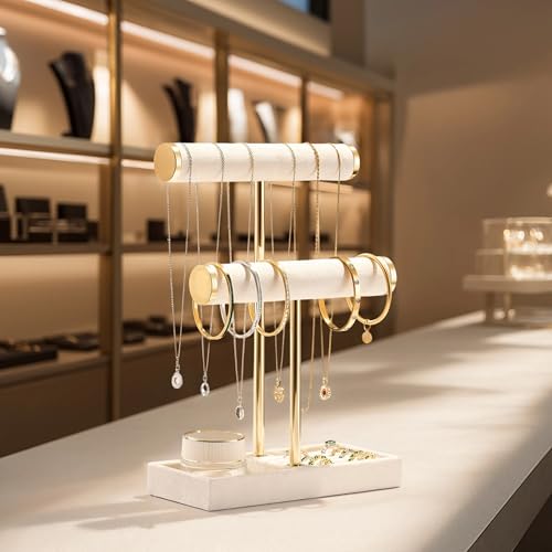 bussdis 2 Tier Bracelet Holder Display, Necklace Holder Organizer, Beige | Velvet Necklace Holder | Jewelry Tree | Jewelry Towers | Jewelry Stand Organizer for Necklaces, Bracelets, Earrings, Rings