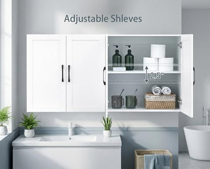 Wall Cabinet with Adjustable Shelves, Laundry Room Cabinet with 4 Doors, Kitchen Storage Cupboard Cabinet, Wall Mount Medicine Cabinet for Bathroom, Living Room, White