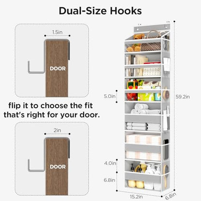 6 Tiers Over The Door Organizer, Behind The Door Storage Hanging Shelves | Heavy Duty Hanging Organizer Storage with Large Capacity Pockets for Closet Wall Bathroom Bedroom Nursery Pantry, 1 Grey