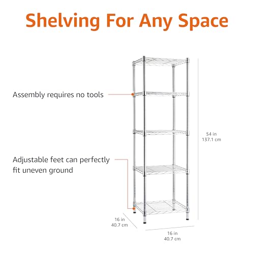 Amazon Basics 5-Shelf Tower Adjustable Storage Shelving Unit, Chrome, 16" x 16" x 54", 150 lbs Per Shelf | Tower