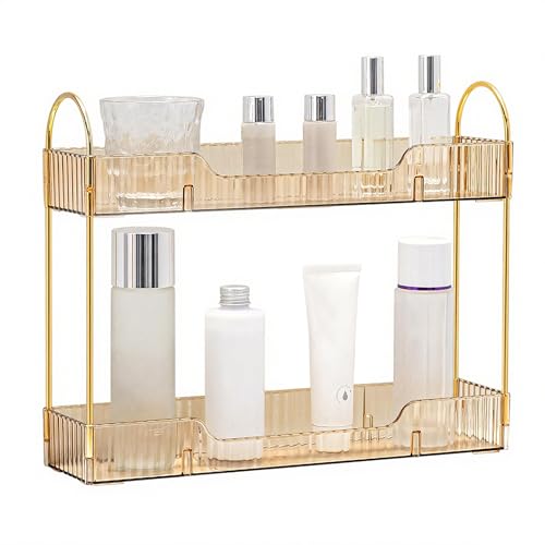 YCIA&DONE 2 Tiers Narrow Vanity Makeup Organizer, Bathroom Organizers Countertop Slim, Perfume Holder Skincare Storage Cosmetic Shelf Spice Rack, for Small Desktop Counter Space, Amber Gold