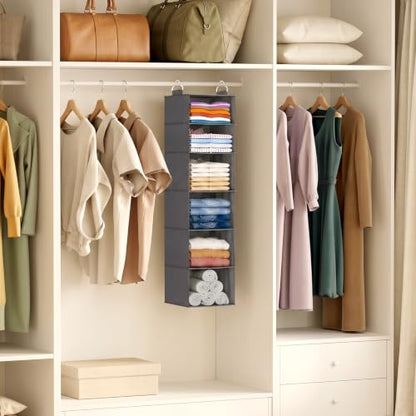Lifewit 6 Tier Hanging Portable Closet Storage Organizer for Shelves, Beige | Foldable Clothes Shelf with 2 Sturdy Hooks, Sweater/Coat/Shoes Clothing Organization for Wardrobe, Dorm, Bedroom