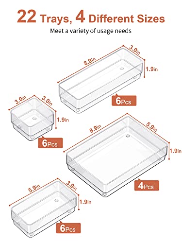 SMARTAKE 22 PCS Drawer Organizer, 4-Size Desk Bathroom Drawer Organizer | 4-Size Storage Tray with Non-Slip Silicone Pads for Makeup, Jewelries, Utensils in Bedroom Dresser, Office and Kitchen, Clear