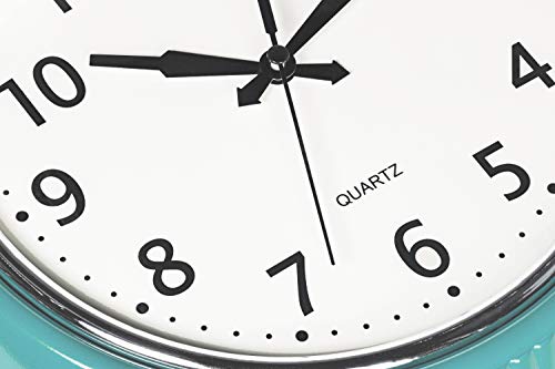Bernhard Products Retro Wall Clock 9.5 Inch Blue Kitchen 50's Vintage Design Round Silent Non Ticking Battery Operated Quality Quartz Clock (Robin Egg Blue)