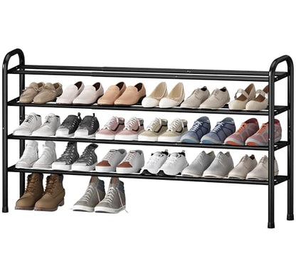 STO STO Long Expandable Shoe Rack 4-Tier, Adjustable Length 33.7”–47.5” Shoe Organizer, Metal Shoes Storage Shelf, Holds Up to 30 Pairs, Non-Slip Feet, for Closet, Entryway, Hallway, Front Door, Black