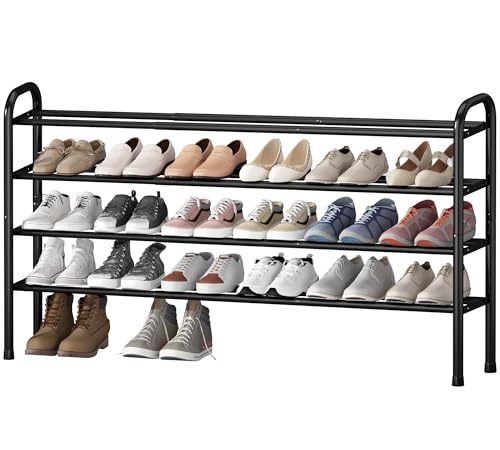 STO STO Long Expandable Shoe Rack 4-Tier, Adjustable Length 33.7”–47.5” Shoe Organizer, Metal Shoes Storage Shelf, Holds Up to 30 Pairs, Non-Slip Feet, for Closet, Entryway, Hallway, Front Door, Black