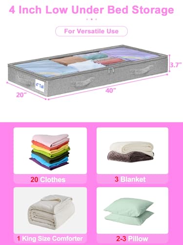 punemi 4 inch High Soft Low Profile Under Bed Storage Bins, 2 Pack, Grey | Foldable Clothes Storage Bag with Zippers & Clear Top, Shallow Design for Under Cabinet, Sofa, Crib & Bed Storage