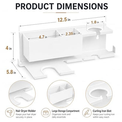 Hair Dryer Holder Hot Tools Organizer, Blow Dryer Holder Wall Mount, Bathroom Hair Tool Organizer Rack for Universal Dryer White