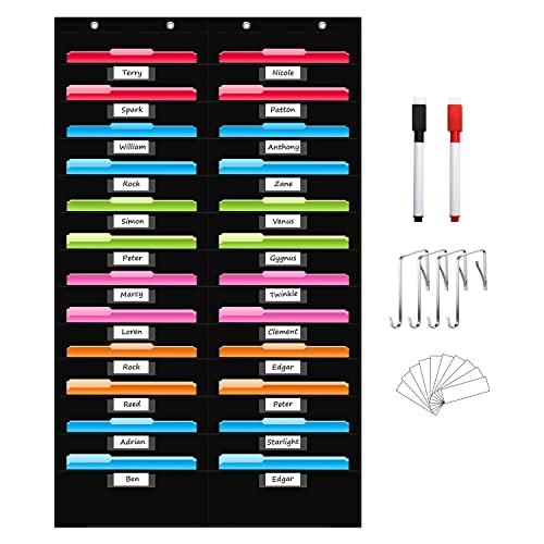 REGELETO 24 Pockets File Storage Pocket Chart with 24 Nametag Pockets, Hanging Wall File Organizer for Classroom and Office, Organize Your Assignments, Files, Scrapbooks, Paper (Black-24 pockets)