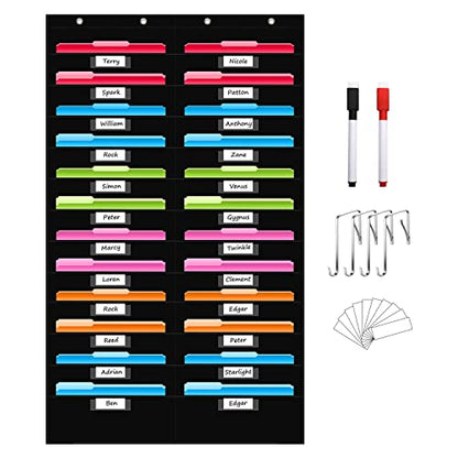 REGELETO 24 Pockets File Storage Pocket Chart with 24 Nametag Pockets, Hanging Wall File Organizer for Classroom and Office, Organize Your Assignments, Files, Scrapbooks, Paper (Black-24 pockets)