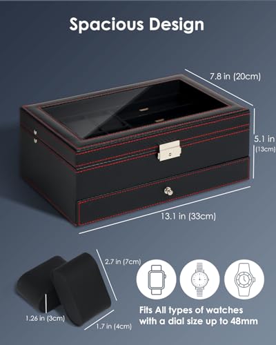 Watch Jewelry Box Organizer, 6-Slot 2-Layer Watch Case and Sunglasses Storage with Large Glass Lid, Men's Jewelry Box with Lock, Watch Holder Display Case, Fathers Day Gift for Dad