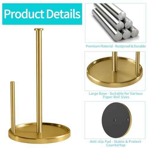 Paper Towel Holder Countertop, Standing Paper Roll Holder with Anti Slip Weighted Base, Stainless Steel Freestanding Paper Towel Holder for Kitchen, Gold