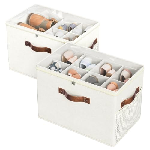 2 Pack Shoe Organizer for Closet, Foldable Shoe Storage with Adjustable | Farbic shoe storage organizer box bin with clear cover, fits up to 16 pairs, shoe storage box for closet, entryway, beige
