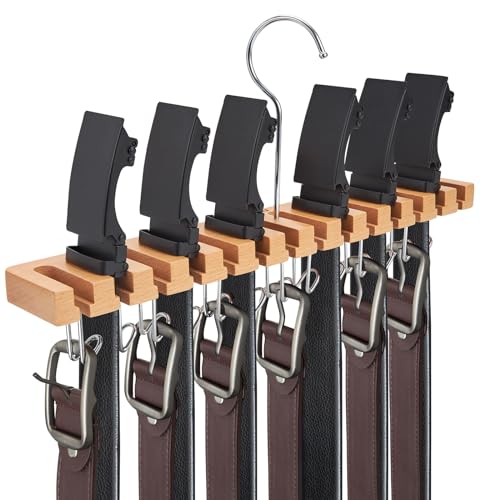 Ohuhu 2 in 1 Belt Hanger for Closet, 14 Slots 13 Hooks Wooden Organizer | Wall mount or hang, 360° rotating hook, For belts, ties, scarves, Natural wood & stainless steel, Space saving