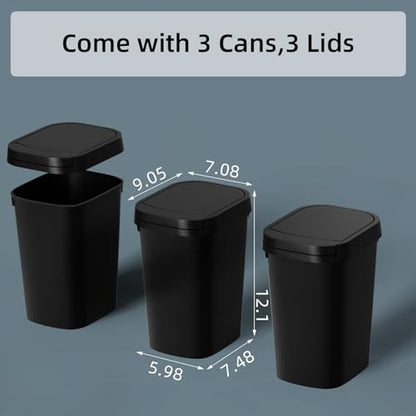 KSSKSS 3 Pack Bathroom Small Trash Can with Lid, 2.6 Gallon Slim Garbage Bin with Pop-Up Lid, 10L Plastic Wastebasket for Bedroom, Office, Kitchen, Toilet (Matte Black)