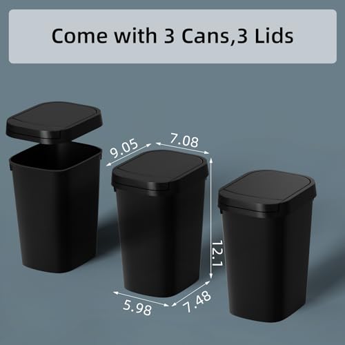 3 Pack Bathroom Small Trash Can with Lid, 2.6 Gall... (Black | Plastic)