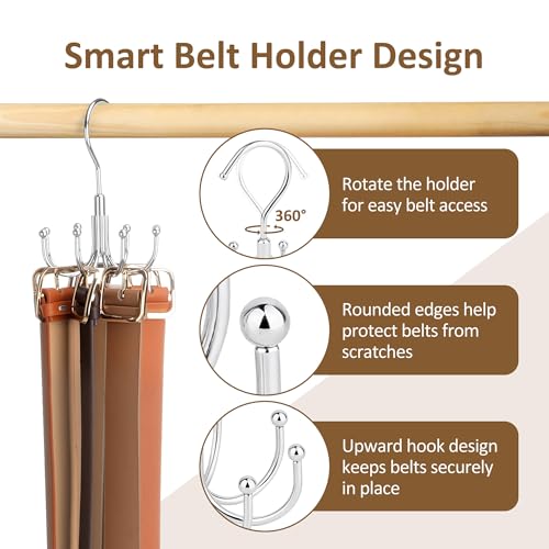 2 Pack Belt Hangers for Closet, Rotating Belt Organizer, 16 Hooks | Heavy-Duty Metal Belt Rack with 16 Hooks Hanging Belt Holder for Closet Organizers and Storage, Space Saving, No Installation