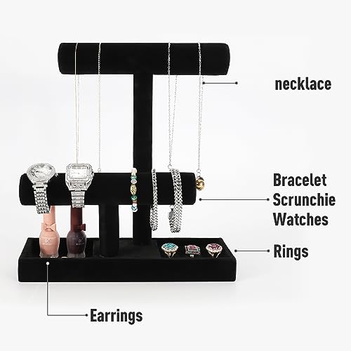 ByKen Necklace Holder,Bracelet Holder,Jewelry Organizer Stand with Earrings Rings Tray,Jewelry Holder for Scrunchie Watches (Black Velvet)