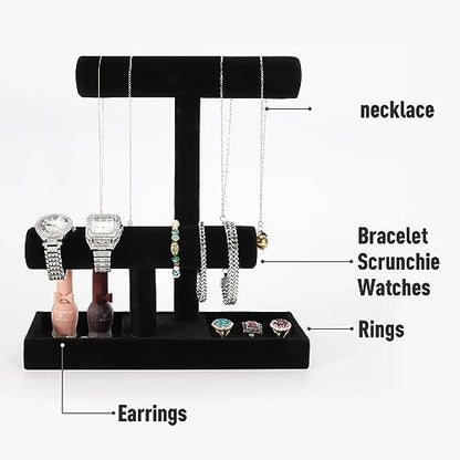 ByKen Necklace Holder,Bracelet Holder,Jewelry Organizer Stand with Earrings Rings Tray,Jewelry Holder for Scrunchie Watches (Black Velvet)