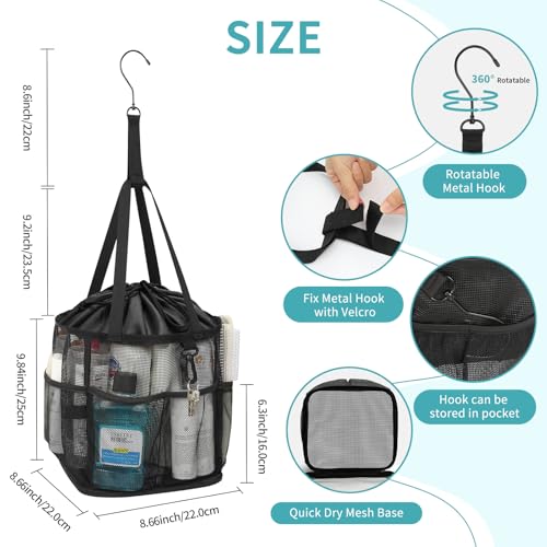 Mesh Shower Caddy Portable for College Dorm Room Essentials, Shower Tote Bag with Hanging Hook and Drawstring, Quick Dry Toiletry Bag with 6 Pockets for Bathroom, Swimming, Gym, Camping, Beach, Travel