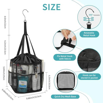 Mesh Shower Caddy Portable for College Dorm Room Essentials, Shower Tote Bag with Hanging Hook and Drawstring, Quick Dry Toiletry Bag with 6 Pockets for Bathroom, Swimming, Gym, Camping, Beach, Travel