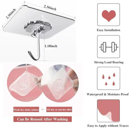 DDMY Adhesive Wall Hooks Heavy Duty 50LB Clear Hook 24 Pack for Hanging | Upgrade Sticky Hooks Hanging 50lb(Max) Transparent Reusable Waterproof No Drill for Kitchen Towel Bathroom Coat No Damage