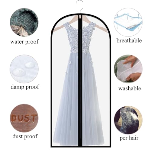 Clear 60" Extra-Long Hanging Garment Bags for Dresses & Gowns | Sturdy zippers with stoppers prevent runaway sliders. Breathable & washable PEVA covers prevent dust, wrinkles & floor drag