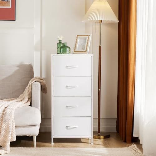 4 Drawer Dresser for Bedroom, Anti-Tip Tall Fabric Dresser | Storage Cabinet with Wood Top Steel Frame, Chest of Drawers Organizer for Closet, Office, Entryway, White