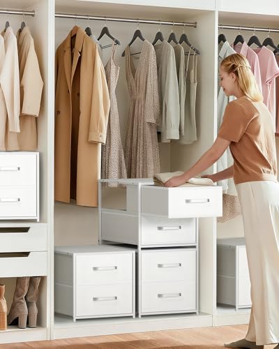 Stackable Storage Drawers - 2 Tier Closet Organizer with Metal Handles and Metal Frame, Fabric Dresser with Collapsible Bins for Bedroom, Dorm, Office, White, 2 Pack