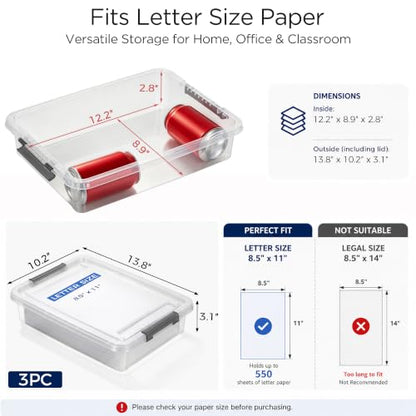 Citylife 3 PCS Plastic Storage Bins with Latching Lids Portable Project Case Clear File Box Stackable Storage Containers for Organizing A4 Paper, Photo, Document, Scrapbook