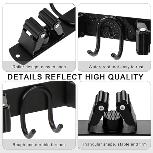 Broom Holder Wall Mount, Stainless Steel Mop Hanger with 4 Slots 6 Hooks, Tool Storage Wall Organizer for Kitchen Garden Garage Laundry Room Bathroom and RV, Black 1-Pack