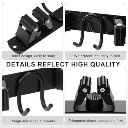 Broom Holder Wall Mount, Stainless Steel Mop Hanger with 4 Slots 6 Hooks, Tool Storage Wall Organizer for Kitchen Garden Garage Laundry Room Bathroom and RV, Black 1-Pack