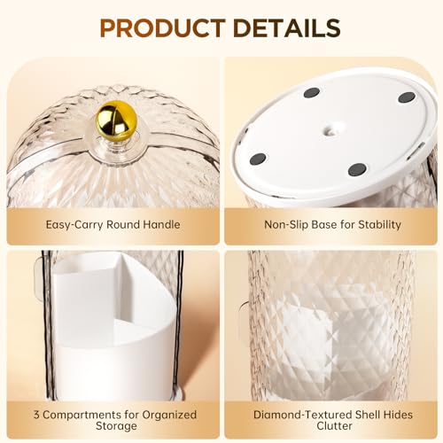 3 Slots Rotating Toothbrush Holders with Lid for Bathroom | Coverd Tooth Brush Holders for Countertop, Concealed Makeup Brush Holder, Toothpaste Holder-White