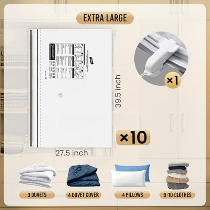TAILI 10 Pack Vacuum Storage Bags, Jumbo LONG SIDE ZIP(39x28 inch), Clear | Vacuum Seal Bags for Clothing, Space Saver for Beddings, Comforters, Blankets, Pillows